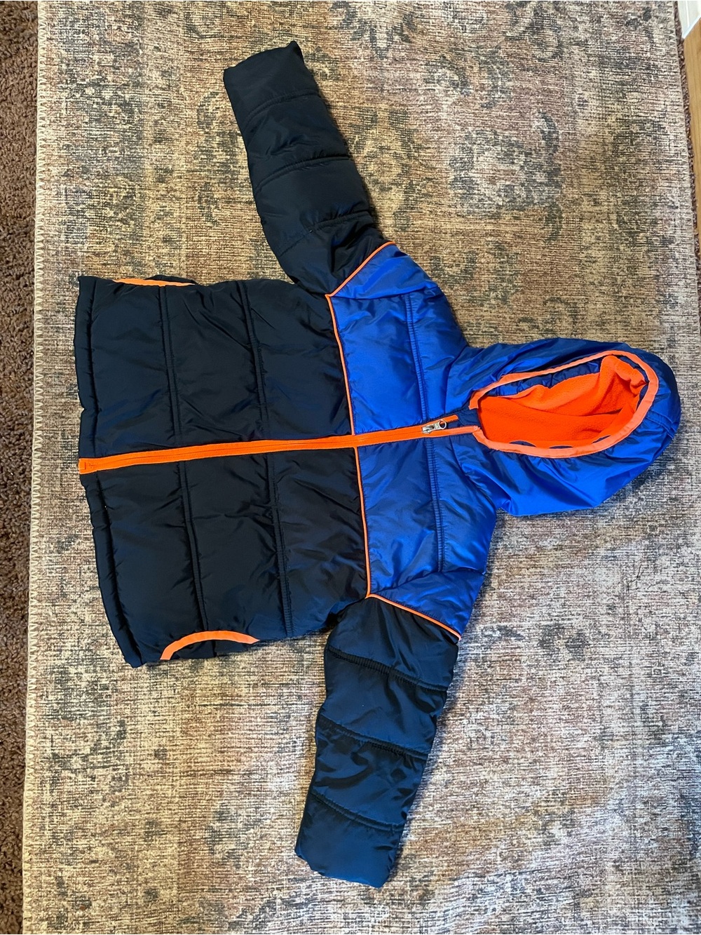 Kids Colorblock Hooded Puffer Jacket - Black & Blue with Orange Trim